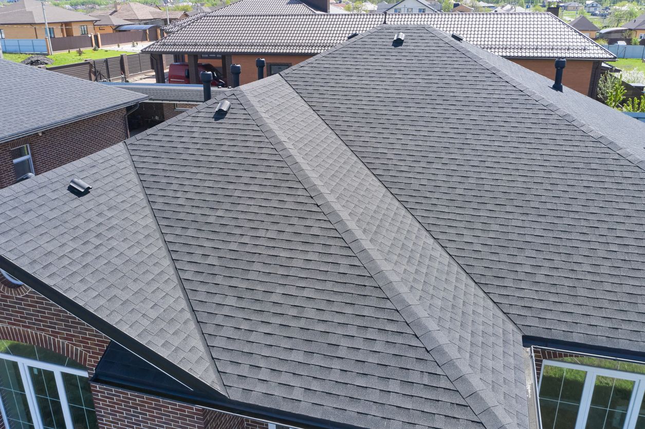 Aerial view of a completed shingle roof