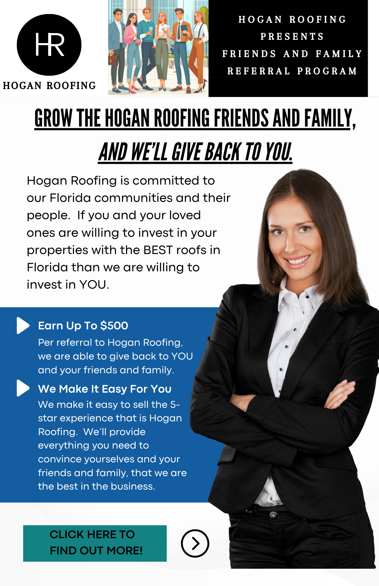 Referral Program Flyer Hogan Roofing Friends and Family Orlando Contractor